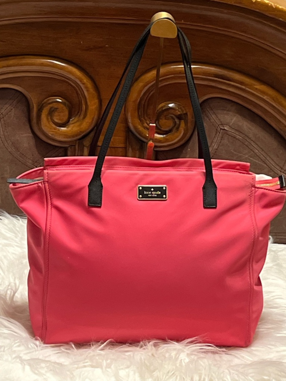 kate spade Hot Pink nylon with Black  leather Handles tote bag - Picture 11 of 16